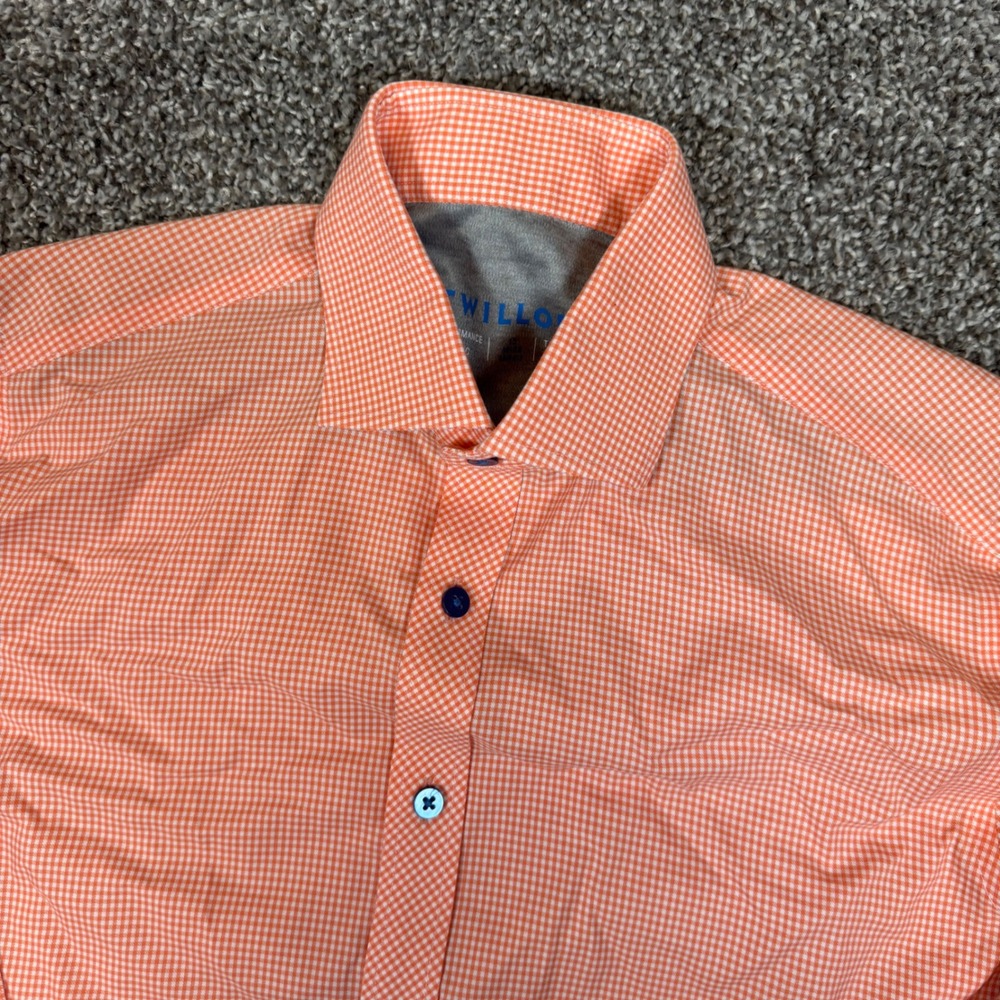 Twillory Mens Performance Dress Shirt 15 32/33 Trim Fit Orange Gingham Check